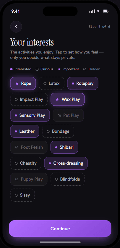 Fetsee onboarding screen for setting interests as interested, curious, important, or hidden